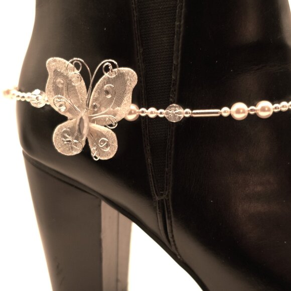 Boot Bracelet White & Silver with White Butterfly 14 3/4" Long - Picture 2 of 2